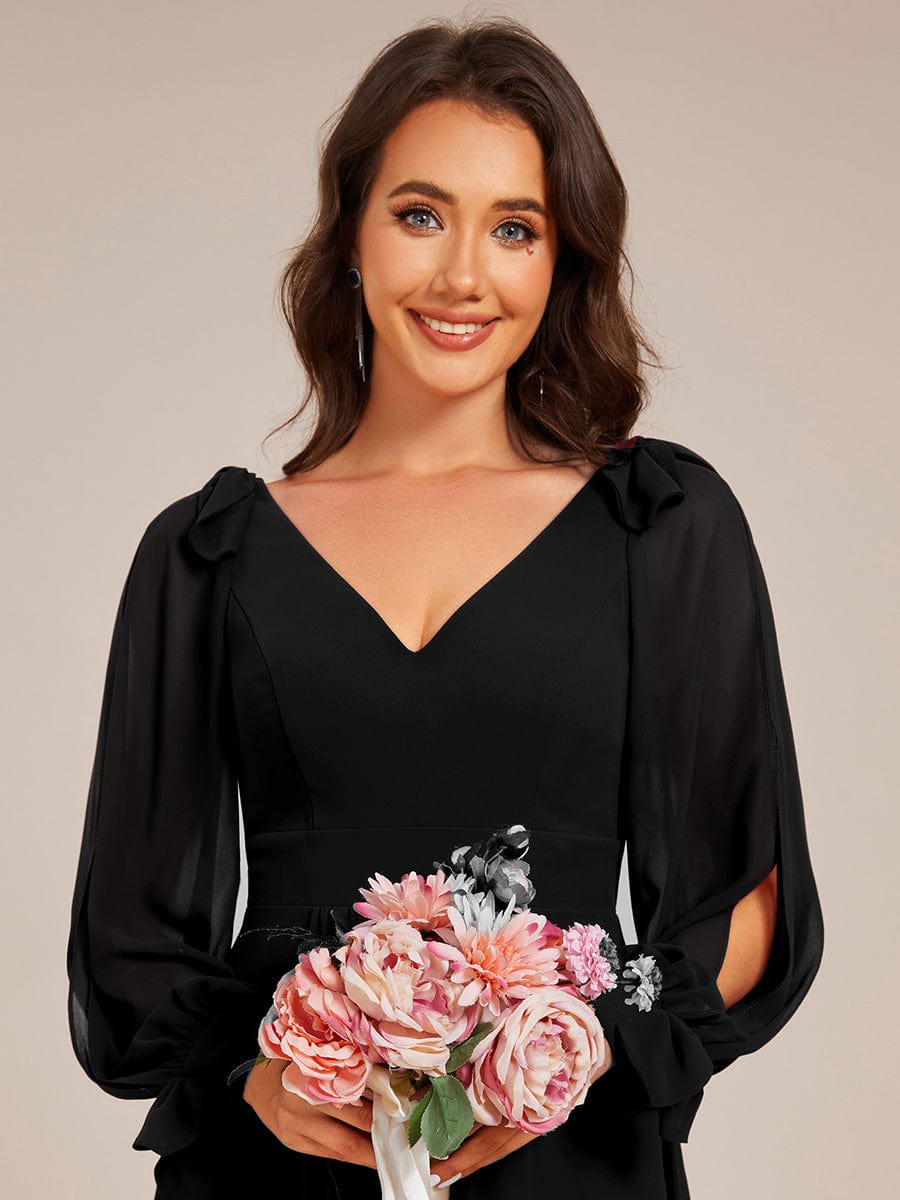 Long Sleeve V-Neck Midi Asymmetrical Hem Chiffon Bridesmaid Dress #color_Black