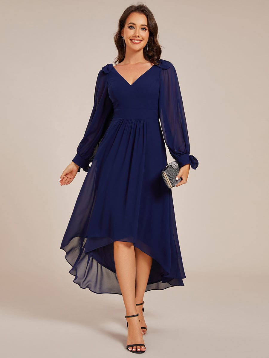 Long Sleeve V-Neck Midi Asymmetrical Hem Chiffon Bridesmaid Dress #color_Navy Blue