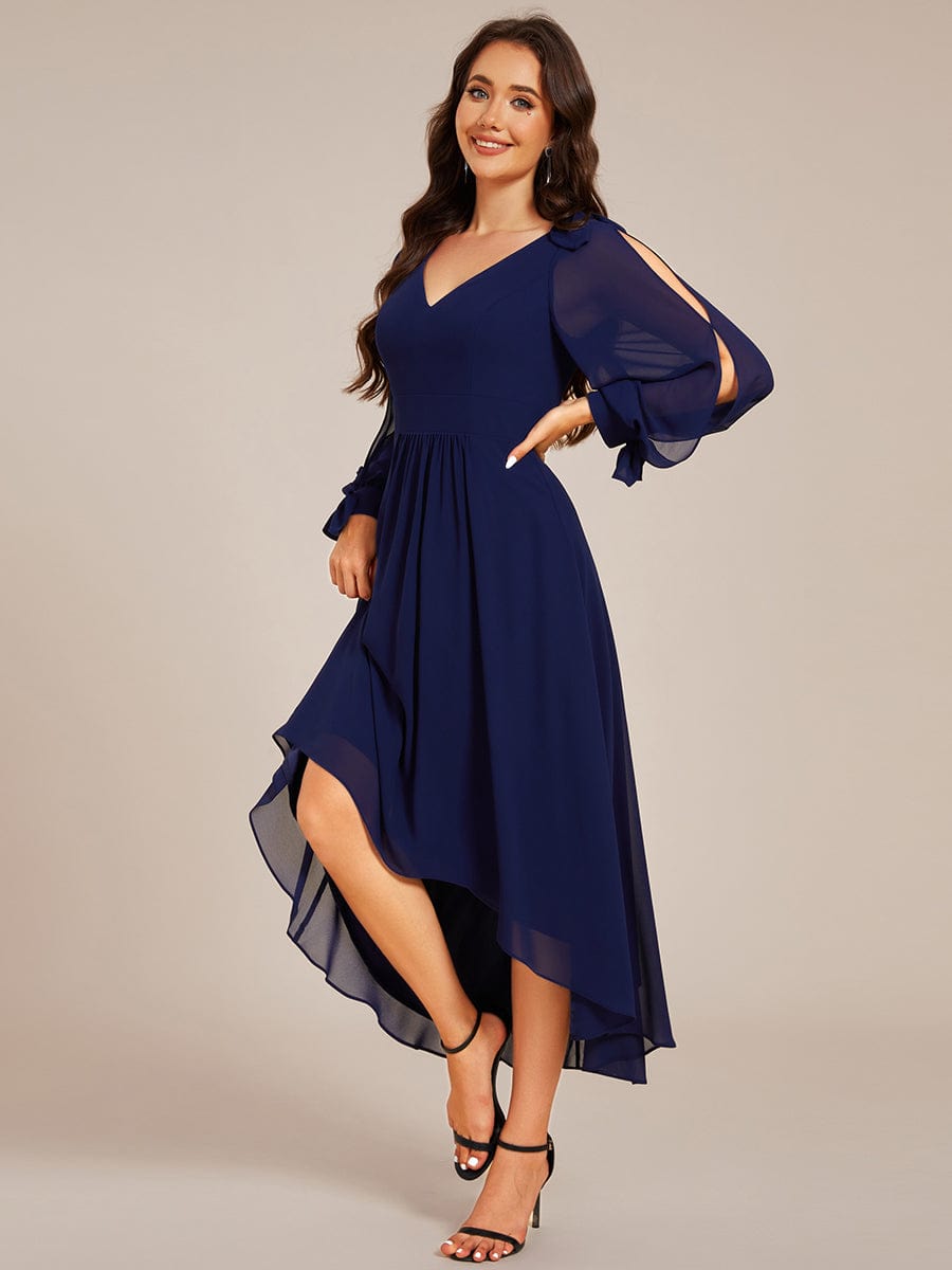 Long Sleeve V-Neck Midi Asymmetrical Hem Chiffon Bridesmaid Dress #color_Navy Blue