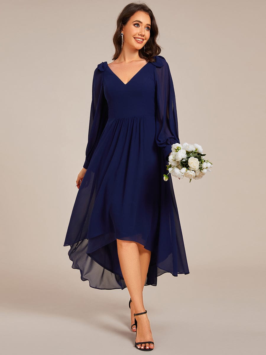 Long Sleeve V-Neck Midi Asymmetrical Hem Chiffon Bridesmaid Dress #color_Navy Blue