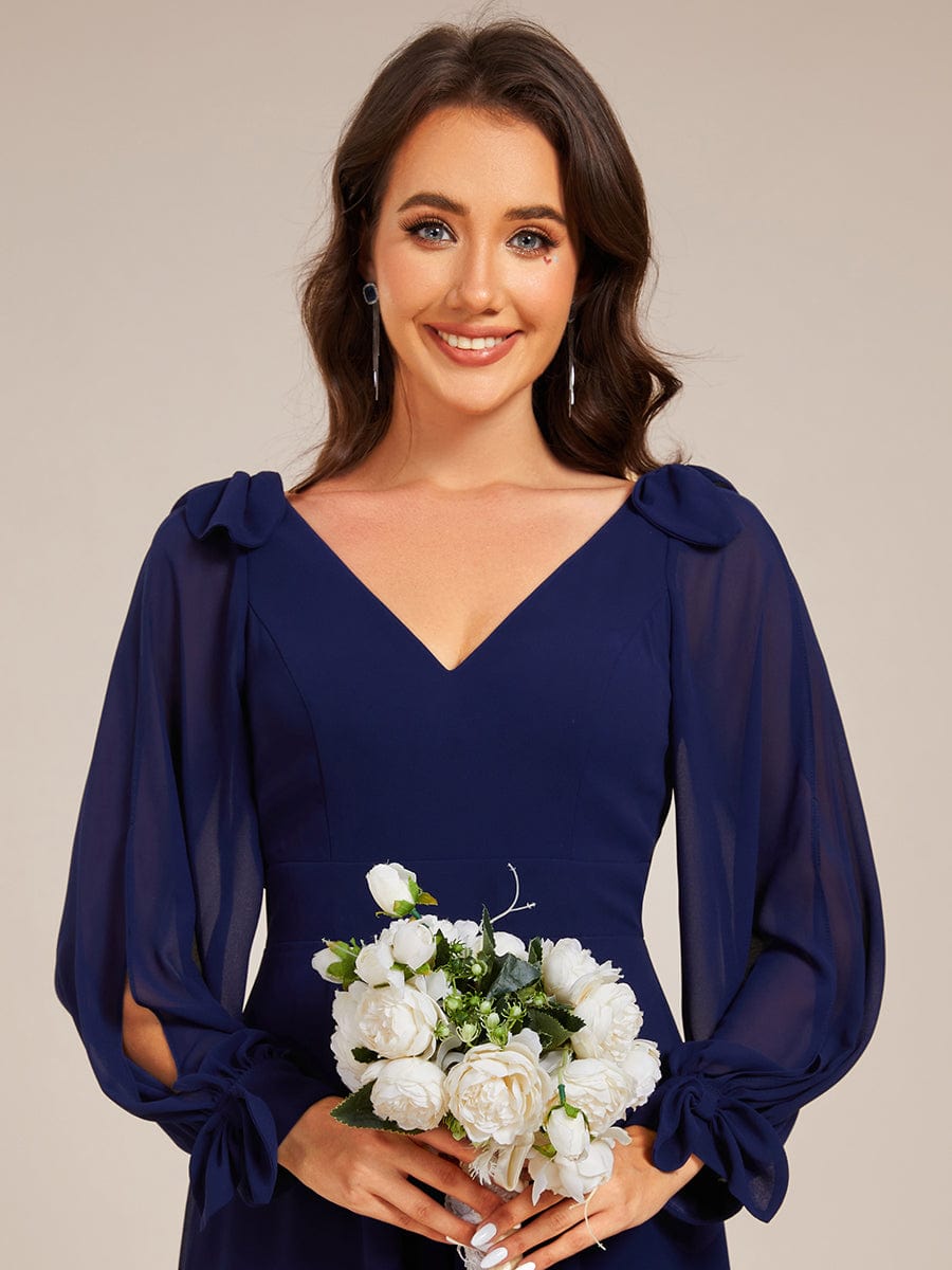 Long Sleeve V-Neck Midi Asymmetrical Hem Chiffon Bridesmaid Dress #color_Navy Blue