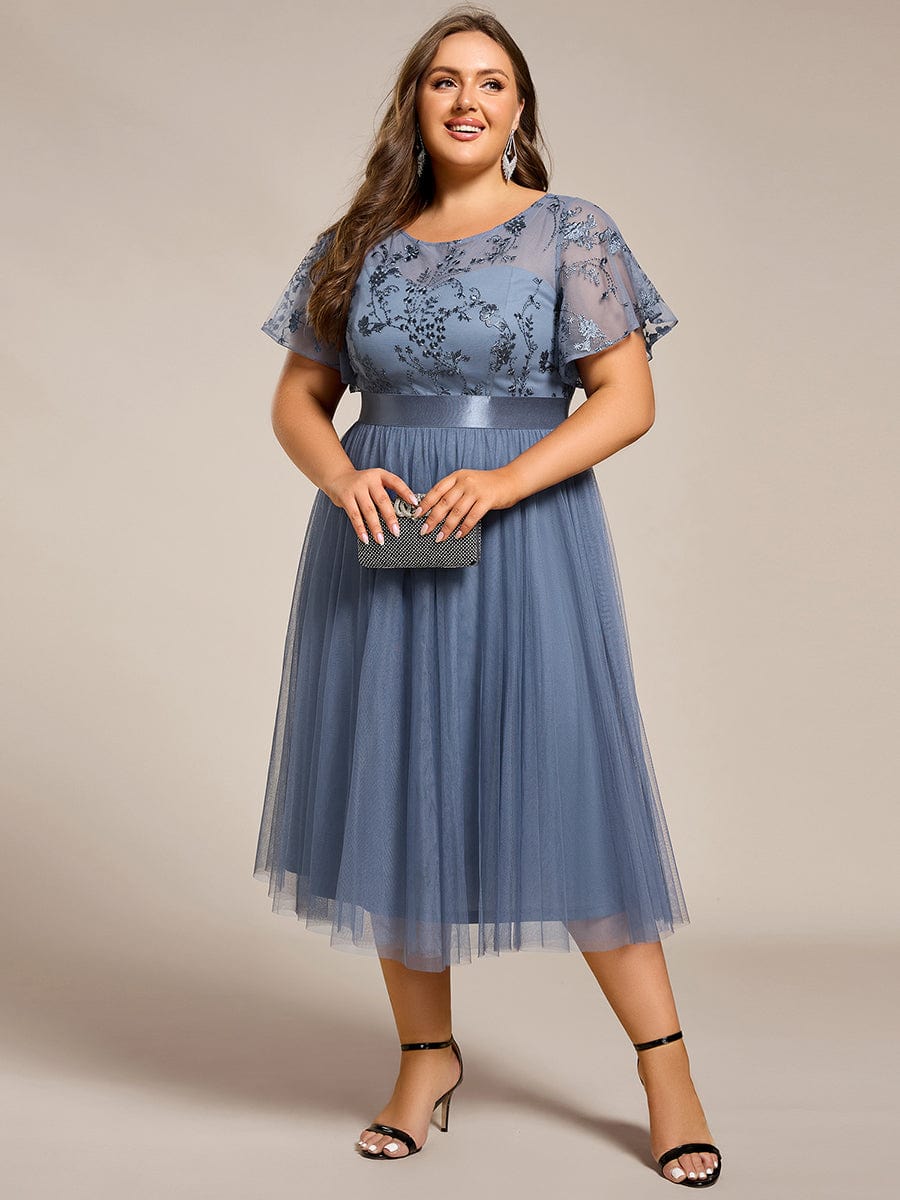 Round Neck Embellished Midi Tulle Bridesmaid Dress #color_Dusty Blue