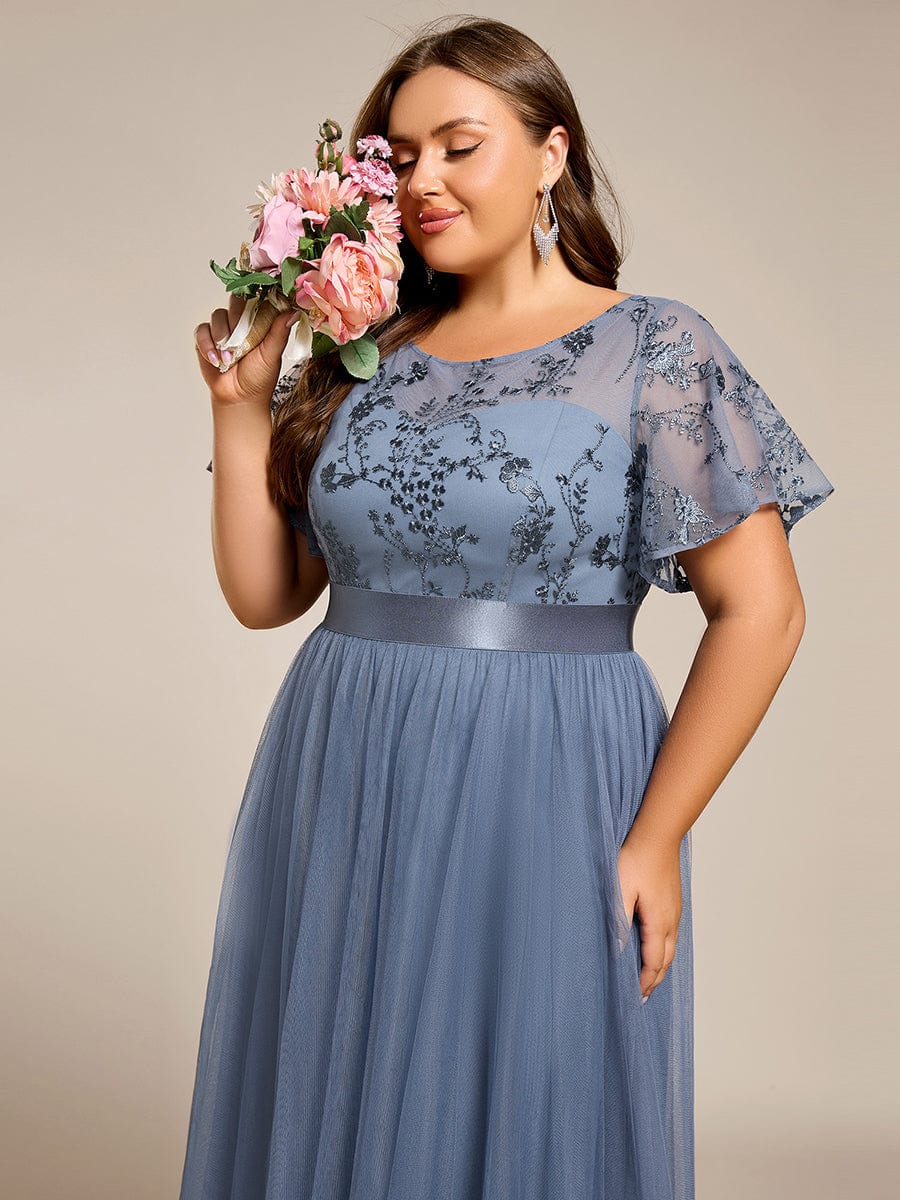 Round Neck Embellished Midi Tulle Bridesmaid Dress #color_Dusty Blue