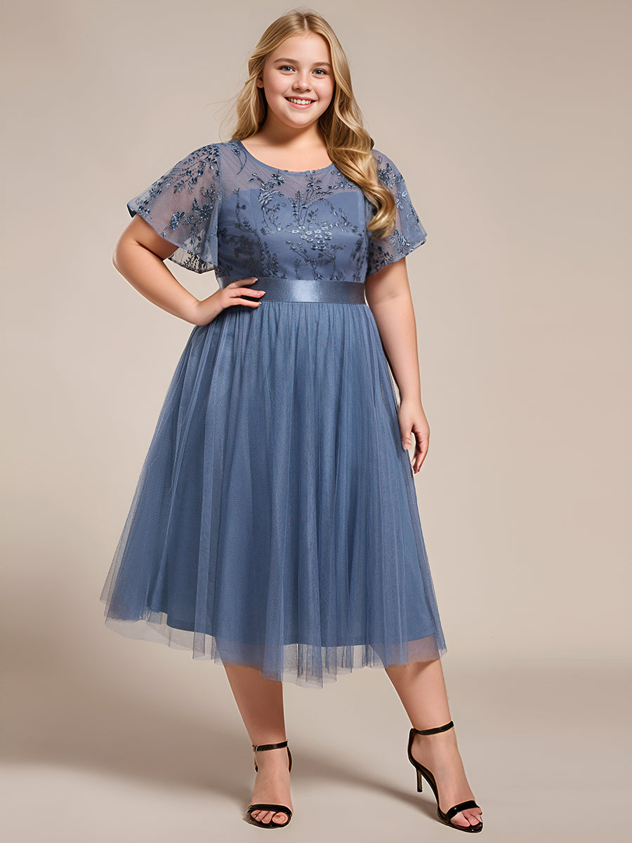 Junior Round Neck Embellished Midi Tulle Bridesmaid Dress #color_Dusty Blue