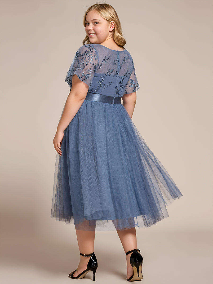 Junior Round Neck Embellished Midi Tulle Bridesmaid Dress #color_Dusty Blue