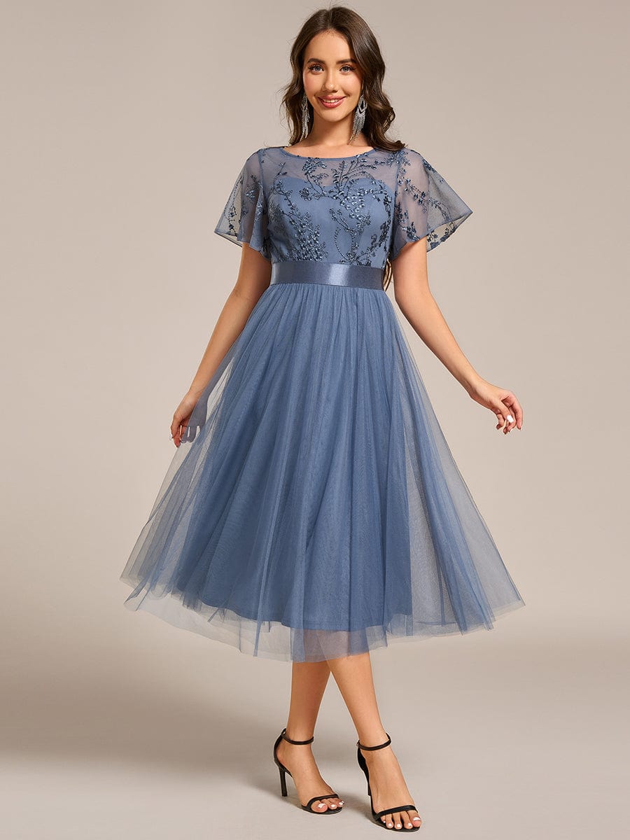 Round Neck Embellished Midi Tulle Bridesmaid Dress #color_Dusty Blue