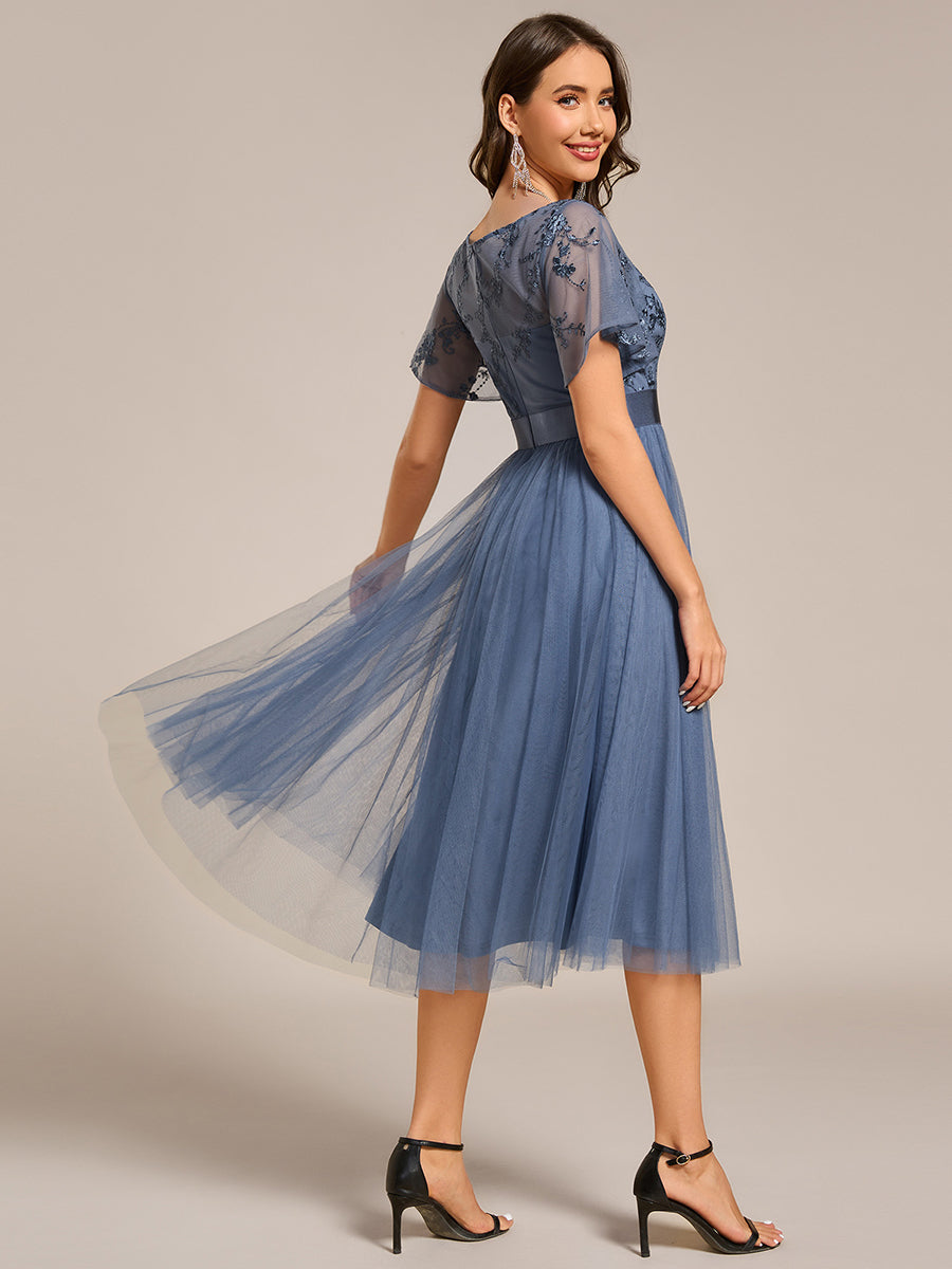 Round Neck Embellished Midi Tulle Bridesmaid Dress #color_Dusty Blue