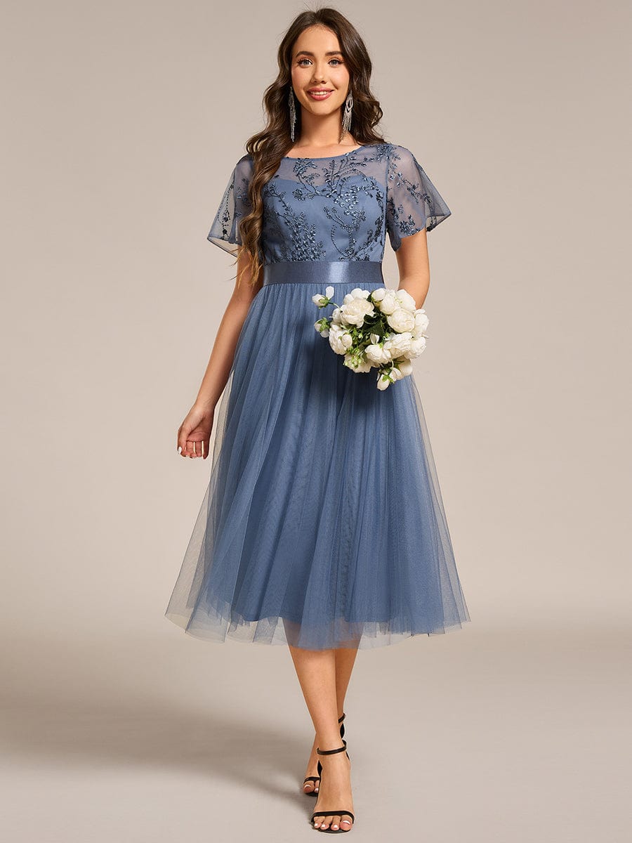 Round Neck Embellished Midi Tulle Bridesmaid Dress #color_Dusty Navy