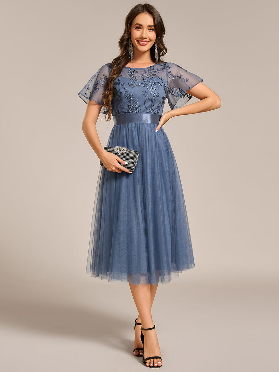 Round Neck Embellished Midi Tulle Bridesmaid Dress #color_Dusty Blue