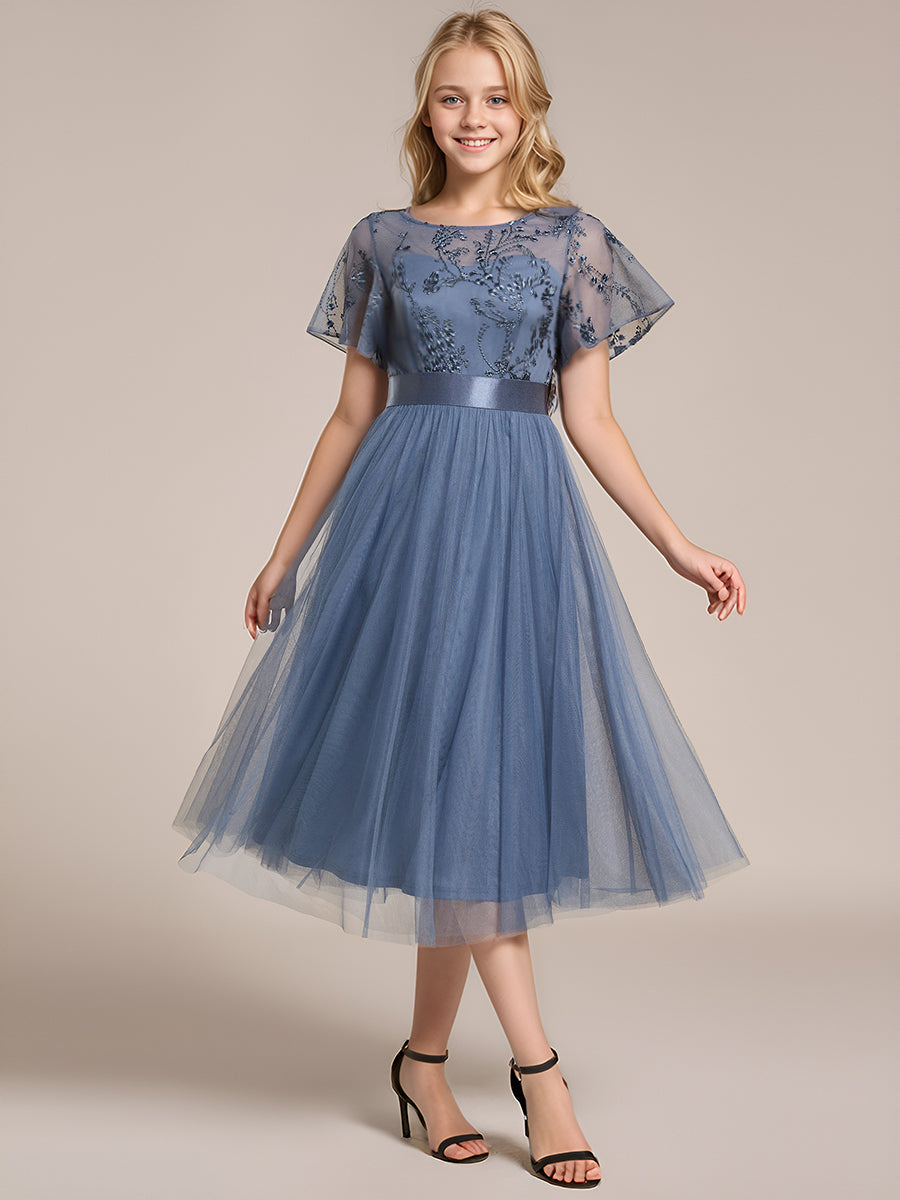 Junior Round Neck Embellished Midi Tulle Bridesmaid Dress #color_Dusty Blue