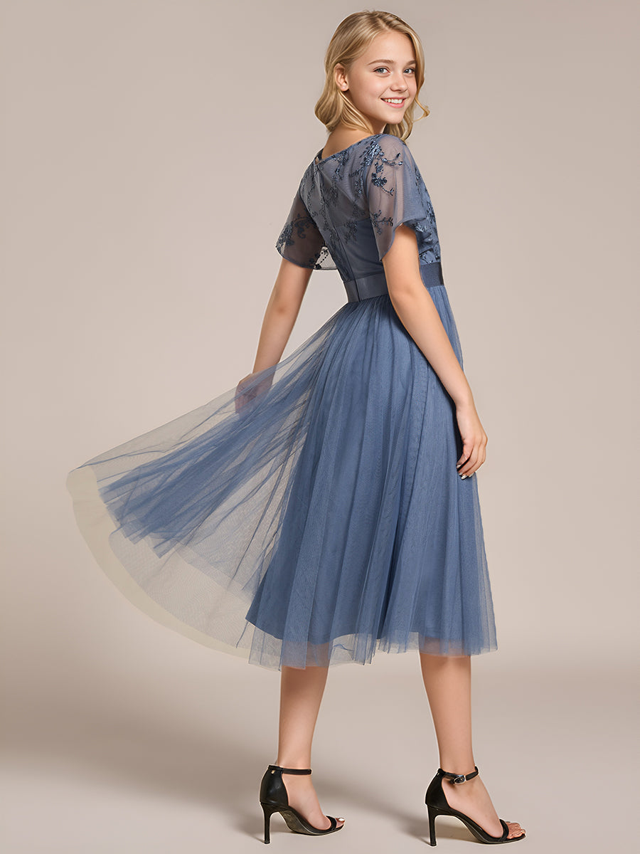 Junior Round Neck Embellished Midi Tulle Bridesmaid Dress #color_Dusty Blue