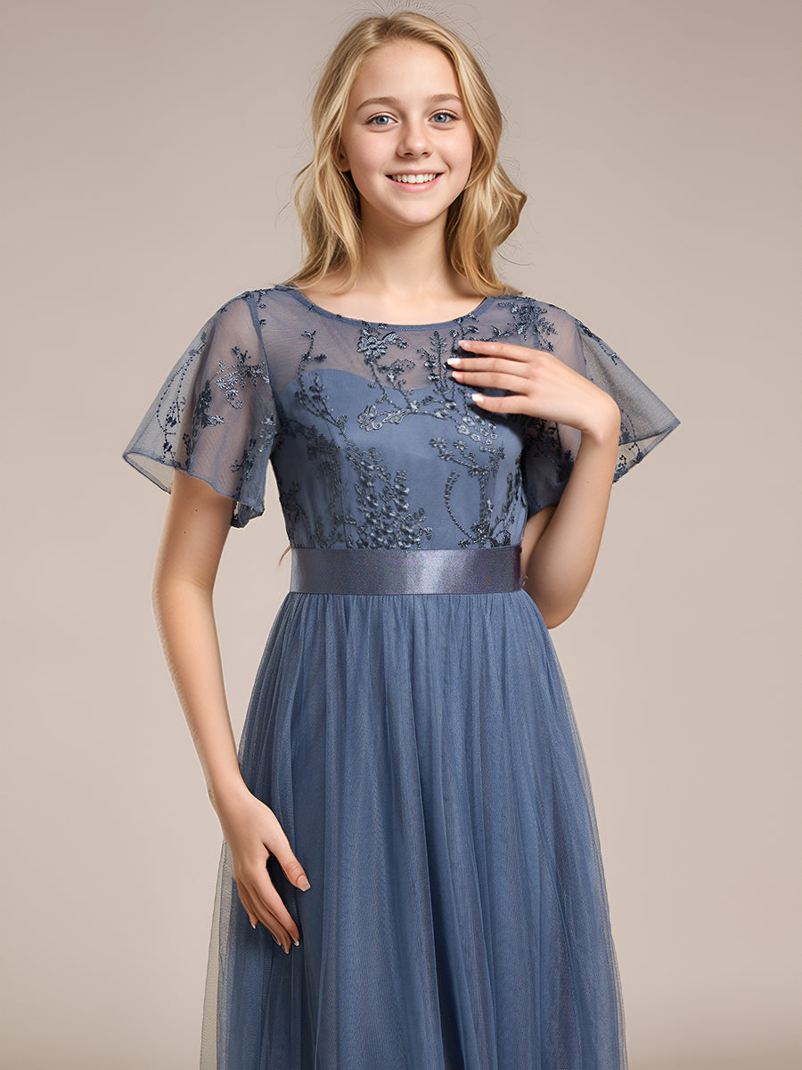 Junior Round Neck Embellished Midi Tulle Bridesmaid Dress #color_Dusty Blue