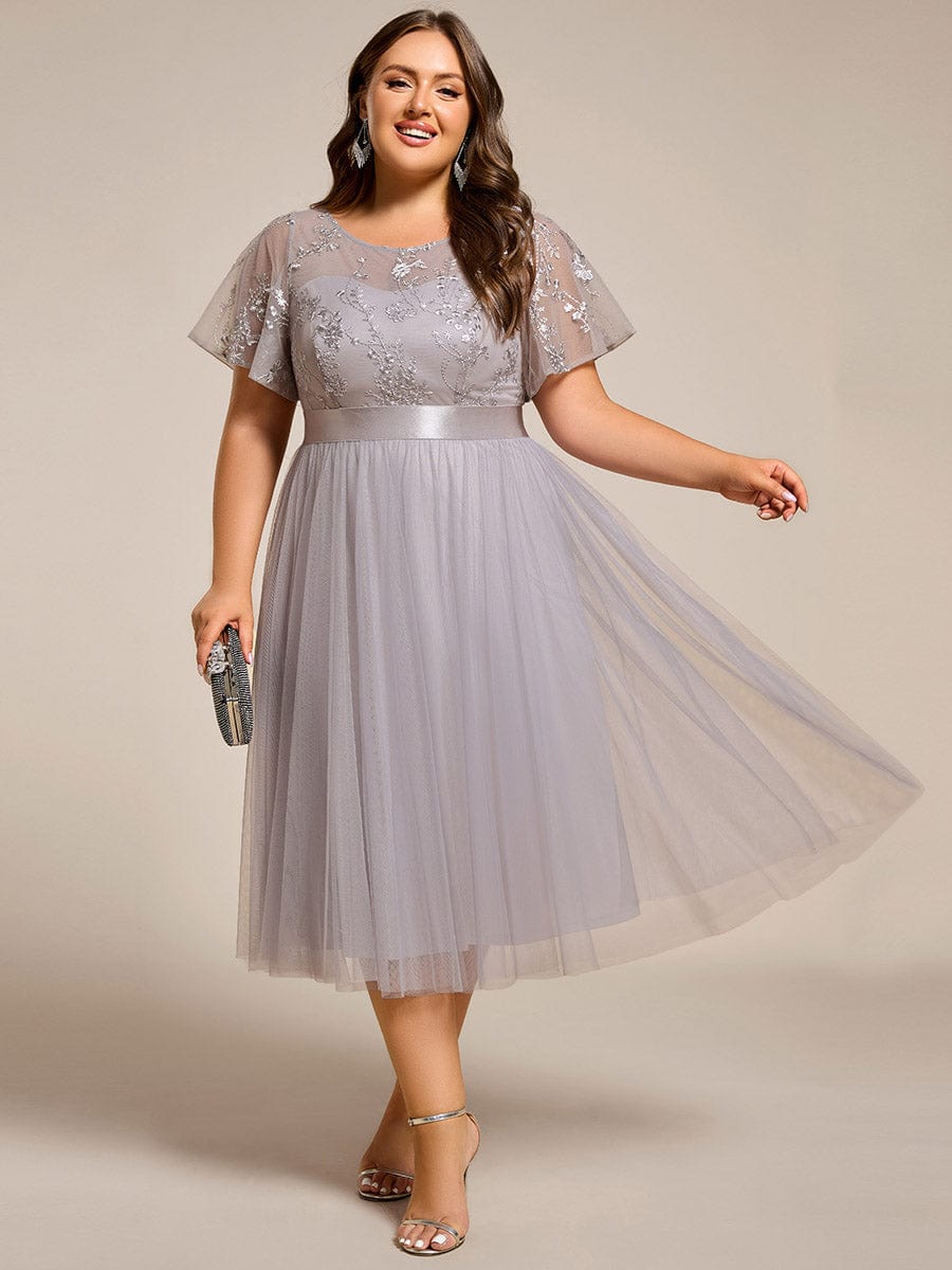 Round Neck Embellished Midi Tulle Bridesmaid Dress #color_Grey