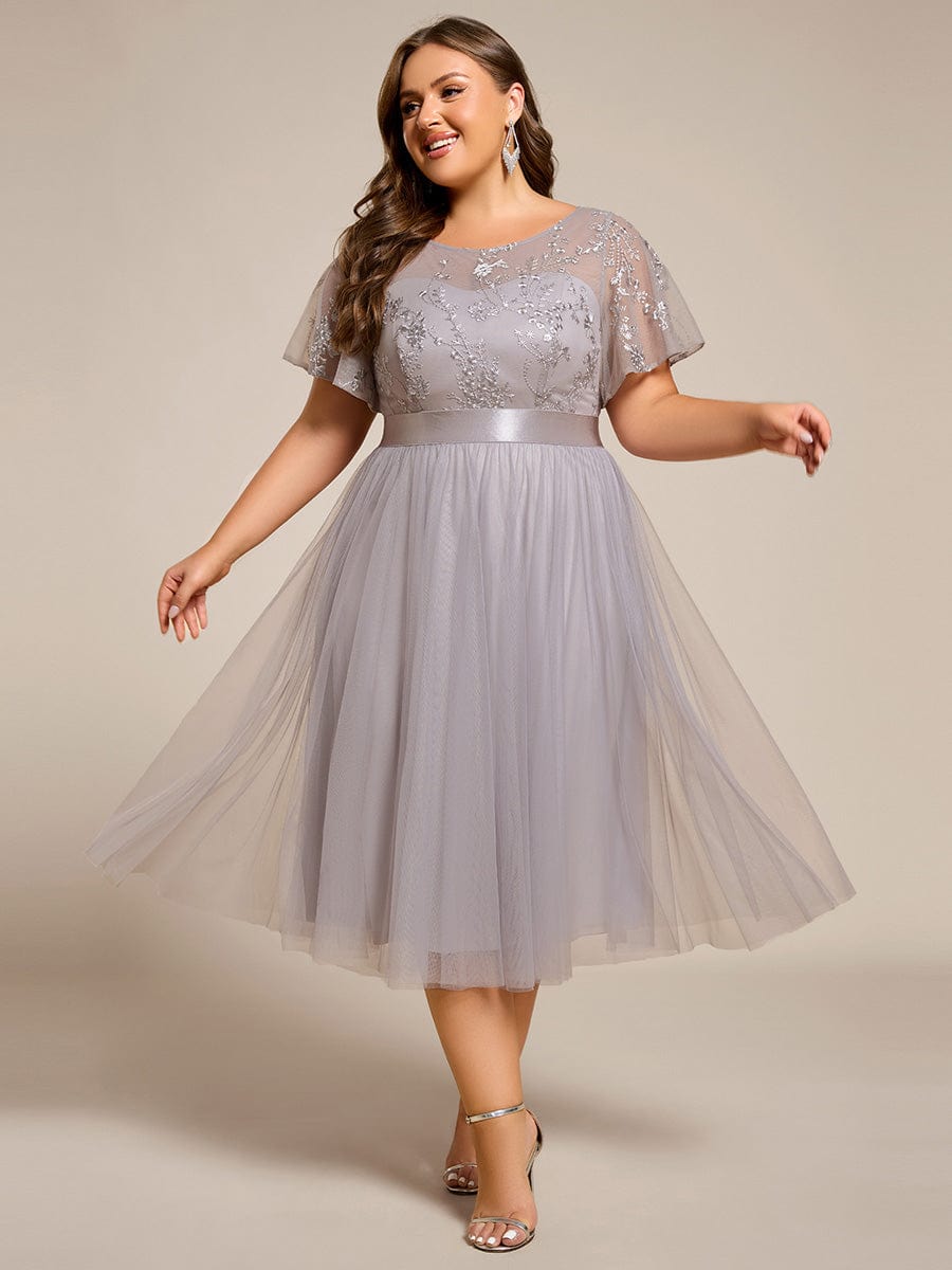 Round Neck Embellished Midi Tulle Bridesmaid Dress #color_Grey