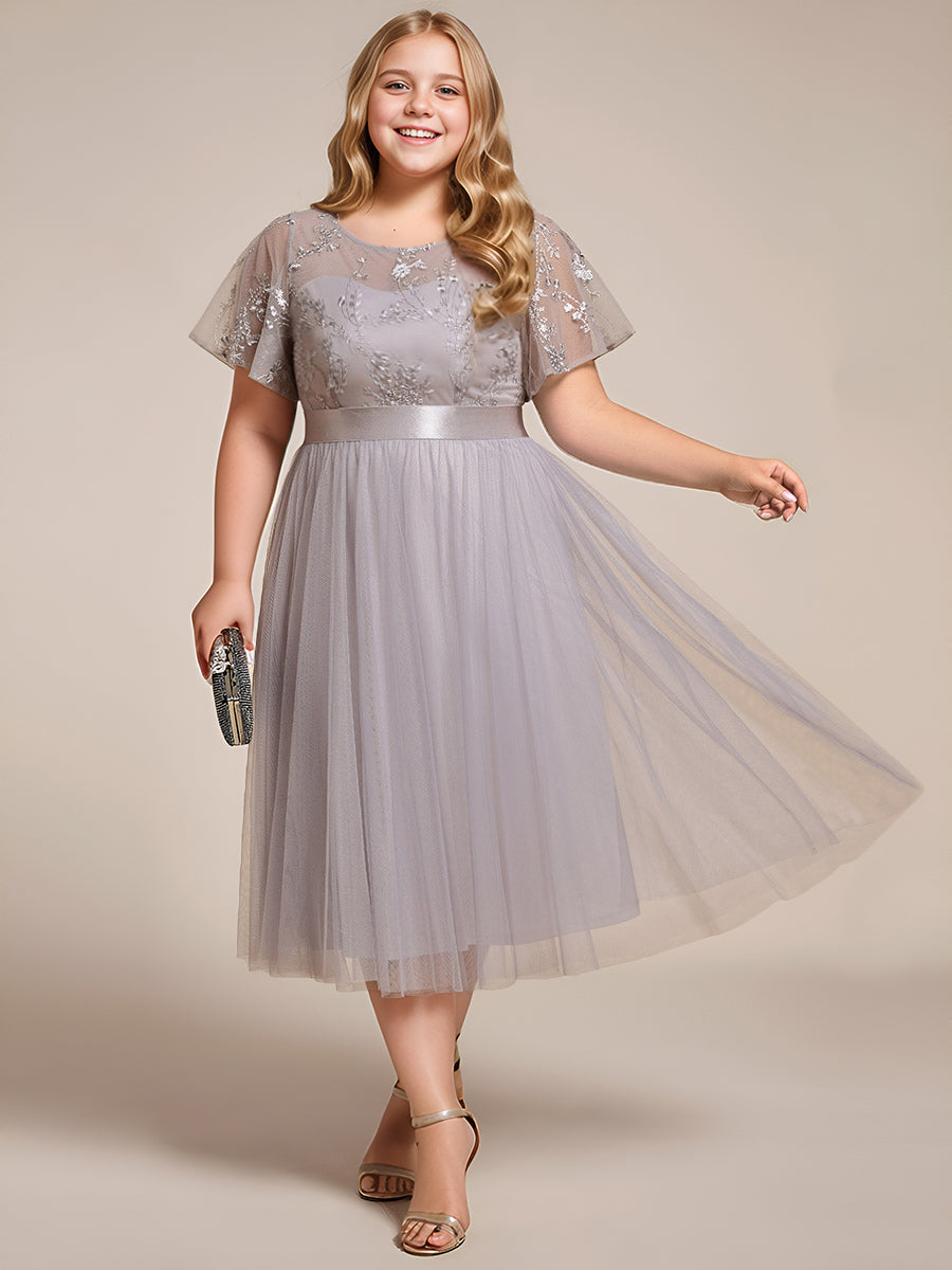 Junior Round Neck Embellished Midi Tulle Bridesmaid Dress #color_Grey