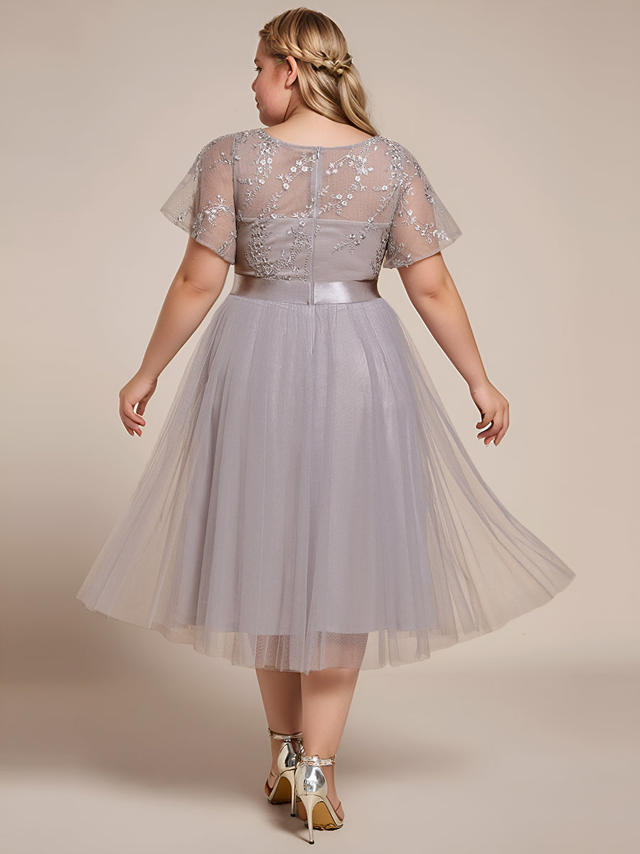 Junior Round Neck Embellished Midi Tulle Bridesmaid Dress #color_Grey