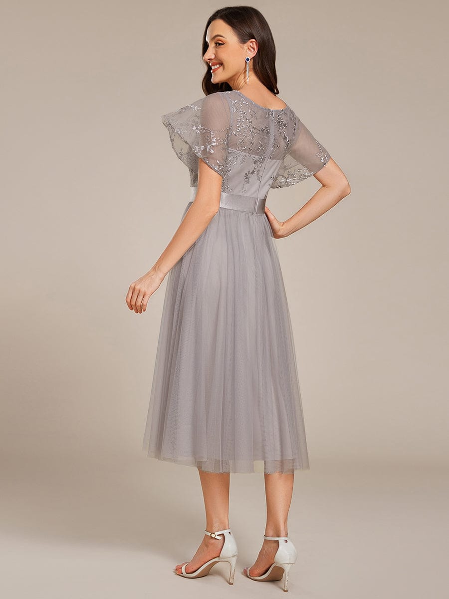 Round Neck Embellished Midi Tulle Bridesmaid Dress #color_Grey