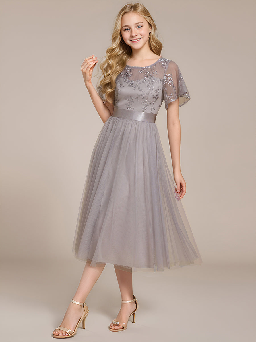 Junior Round Neck Embellished Midi Tulle Bridesmaid Dress #color_Grey