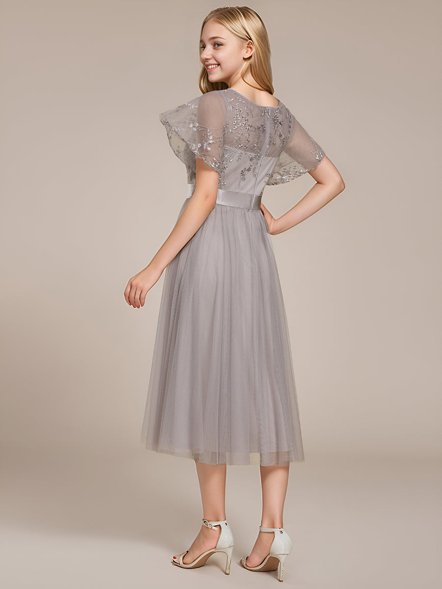 Junior Round Neck Embellished Midi Tulle Bridesmaid Dress #color_Grey