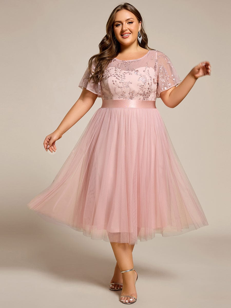 Round Neck Embellished Midi Tulle Bridesmaid Dress #color_Pink