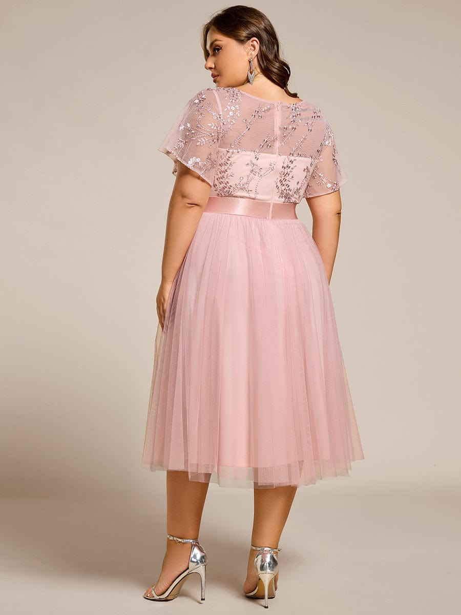 Round Neck Embellished Midi Tulle Dress In Pink #color_Pink