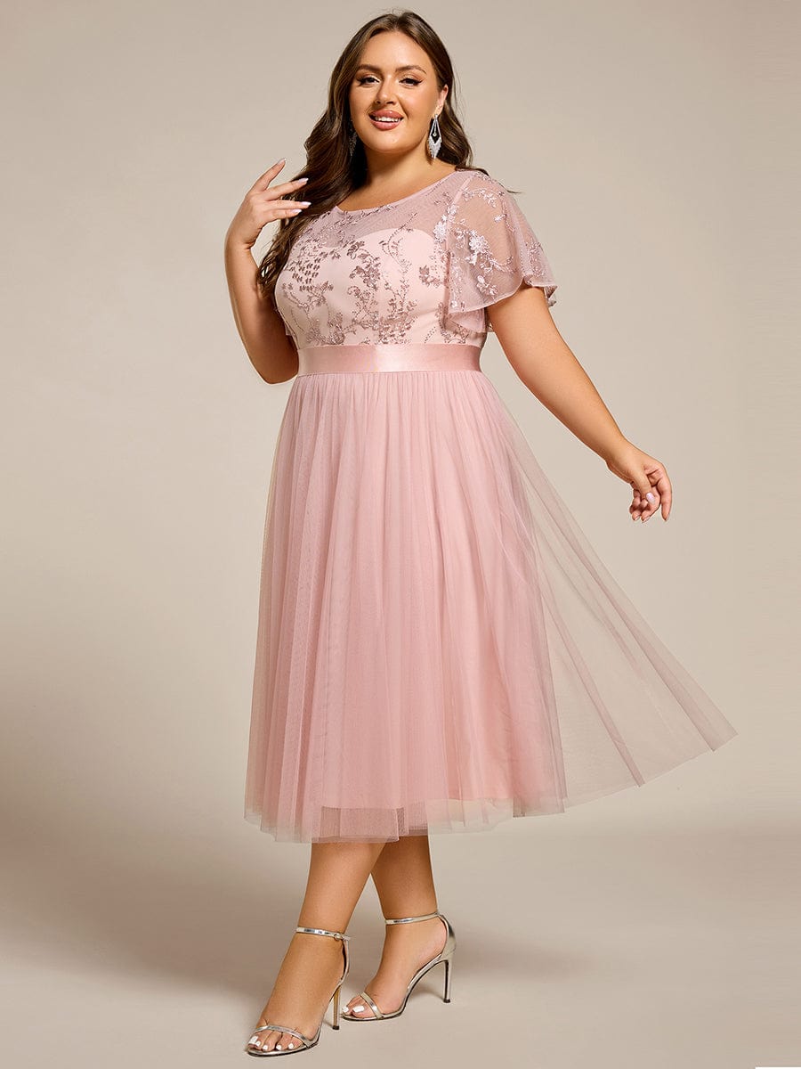 Round Neck Embellished Midi Tulle Bridesmaid Dress #color_Pink