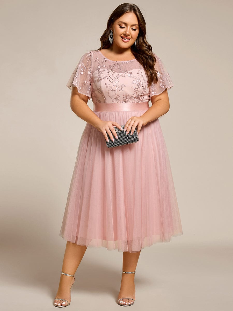 Round Neck Embellished Midi Tulle Dress In Pink #color_Pink