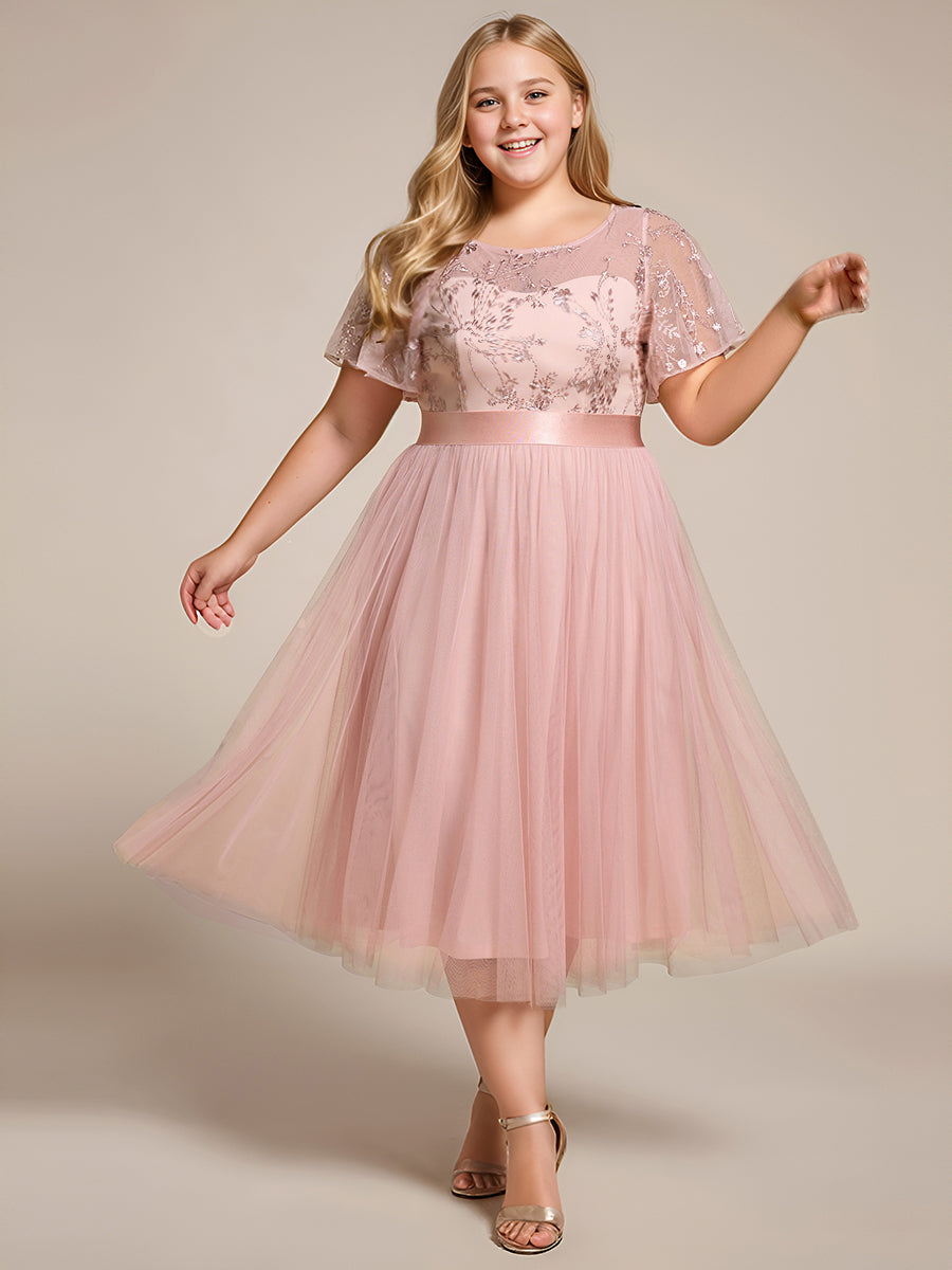 Junior Round Neck Embellished Midi Tulle Bridesmaid Dress #color_Pink