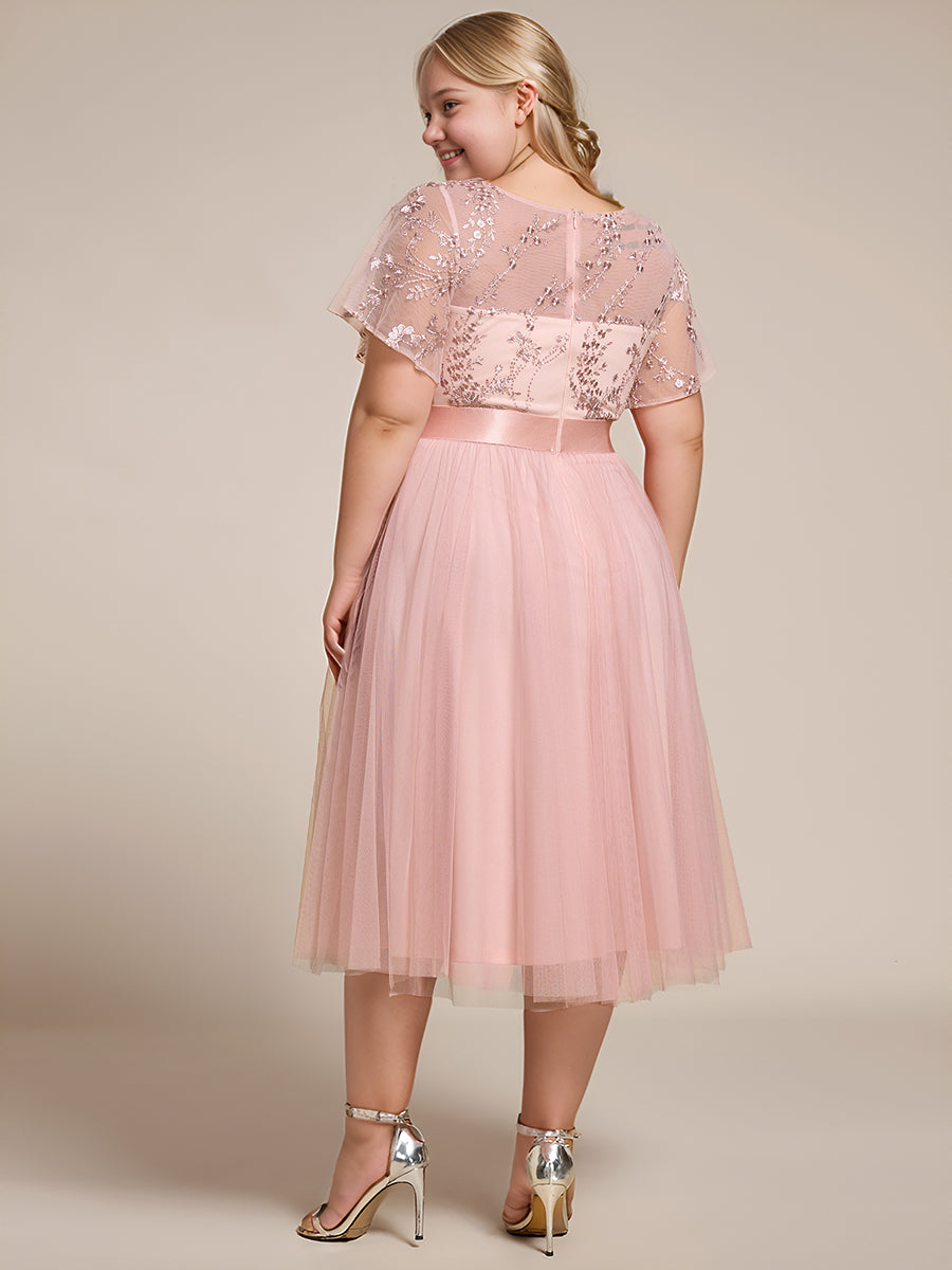 Junior Round Neck Embellished Midi Tulle Bridesmaid Dress #color_Pink