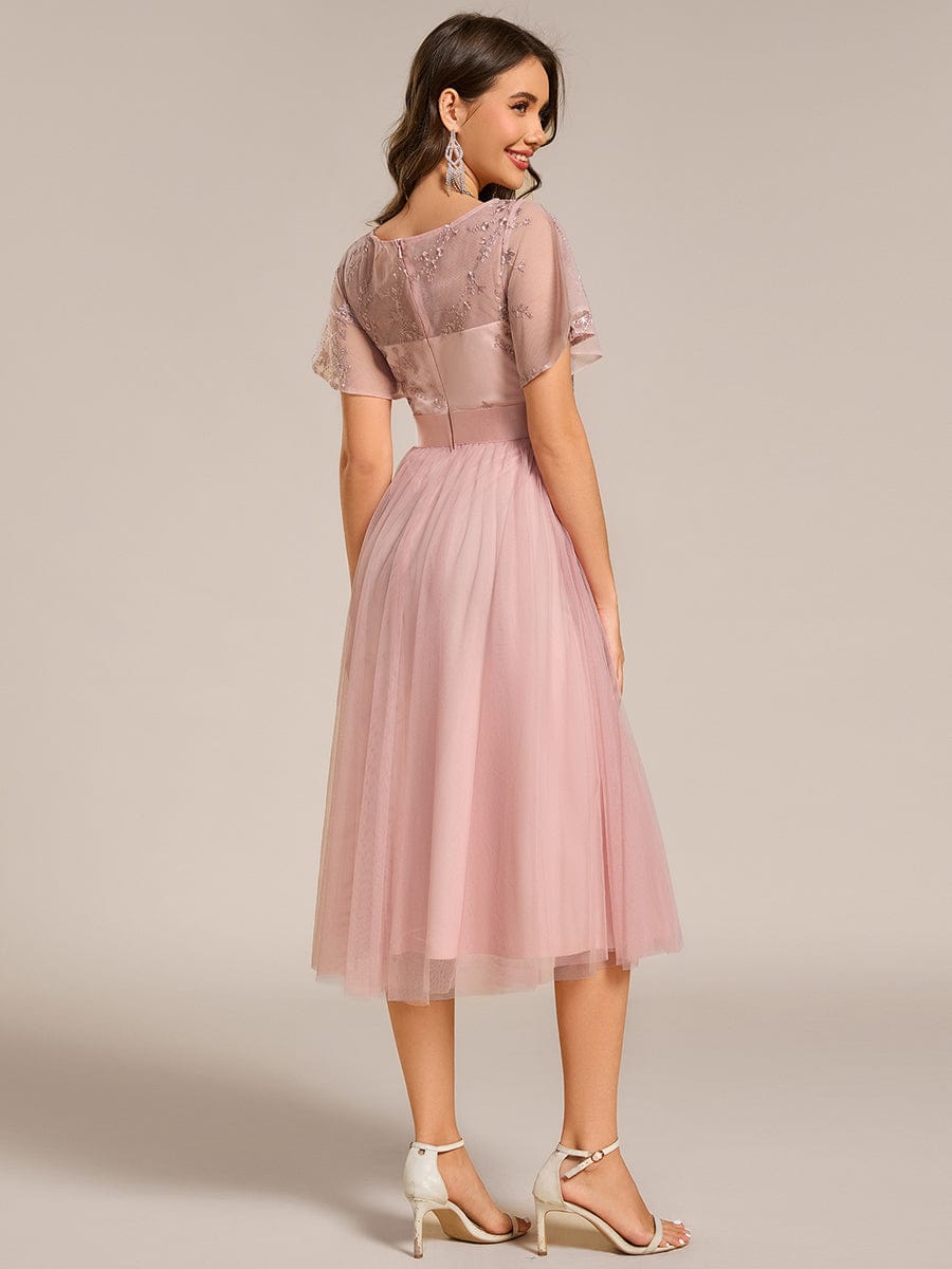 Round Neck Embellished Midi Tulle Bridesmaid Dress #color_Pink