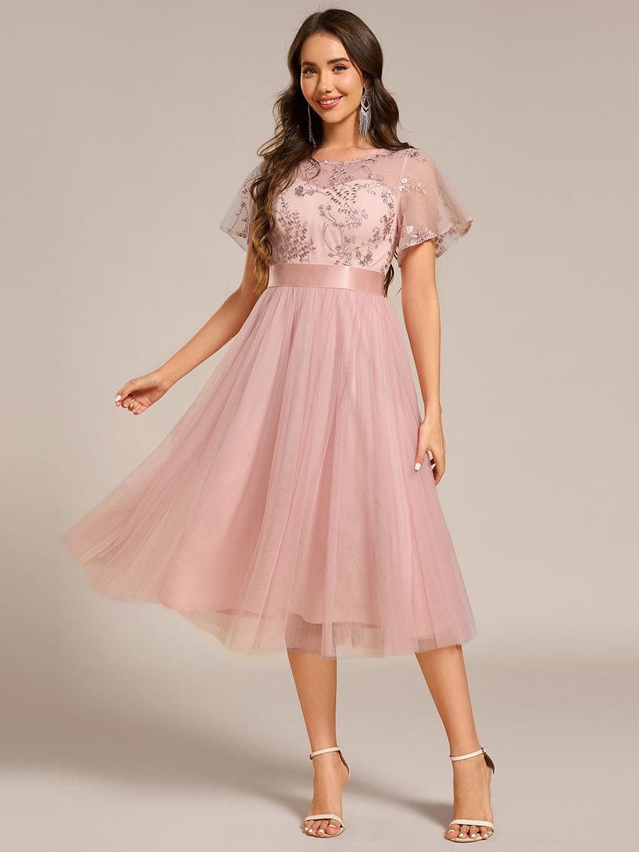 Round Neck Embellished Midi Tulle Dress In Pink #color_Pink