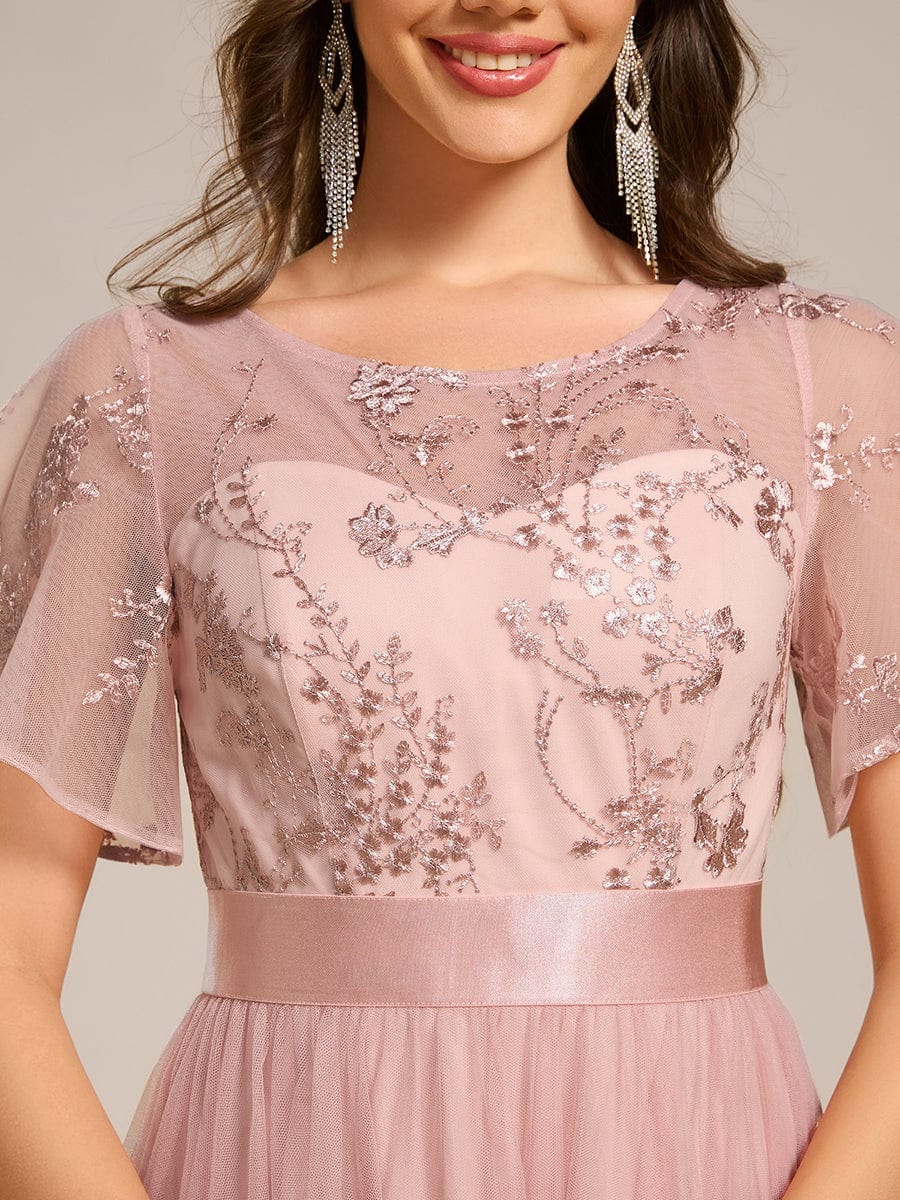 Round Neck Embellished Midi Tulle Dress In Pink #color_Pink