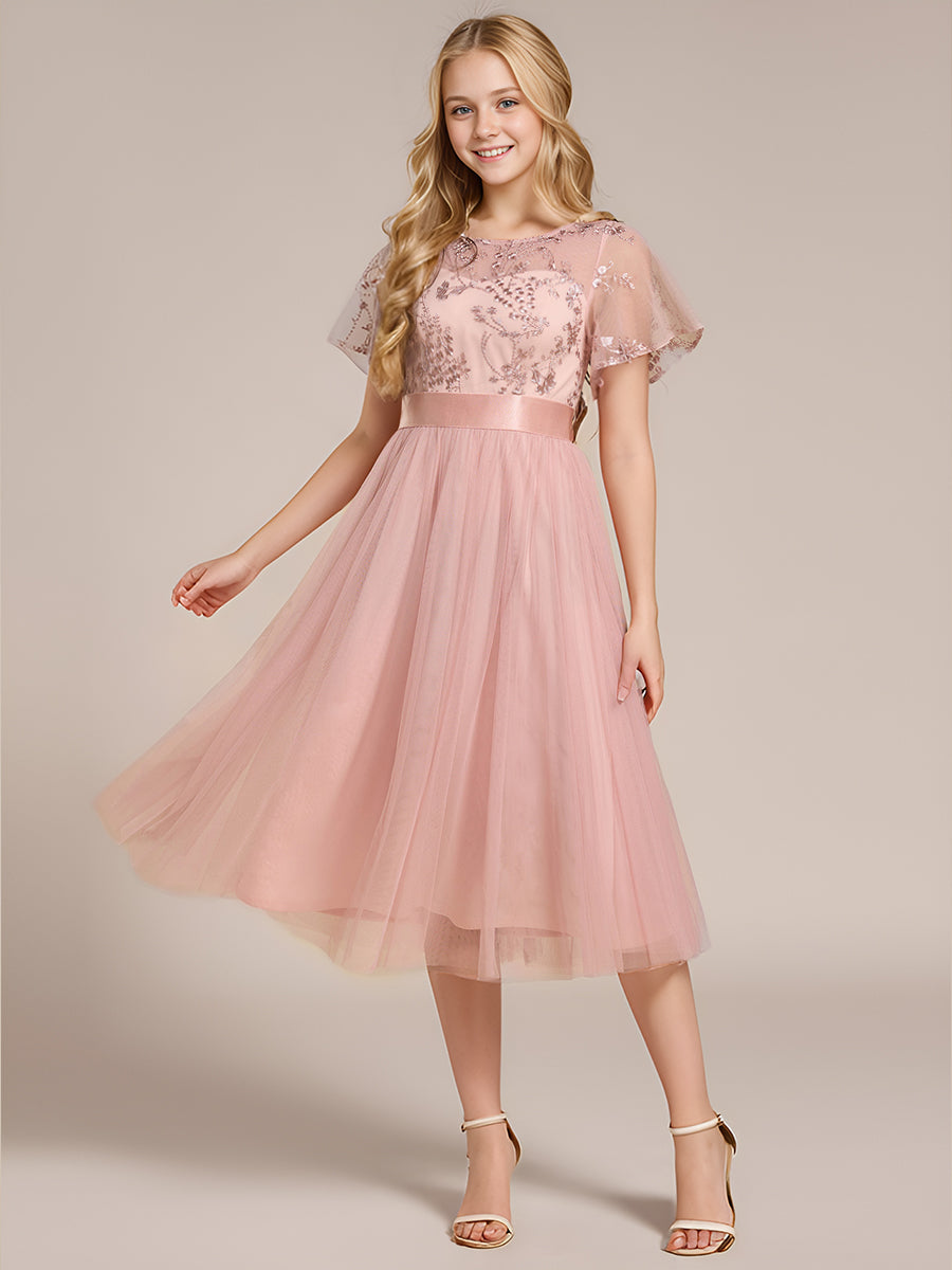 Junior Round Neck Embellished Midi Tulle Bridesmaid Dress #color_Pink