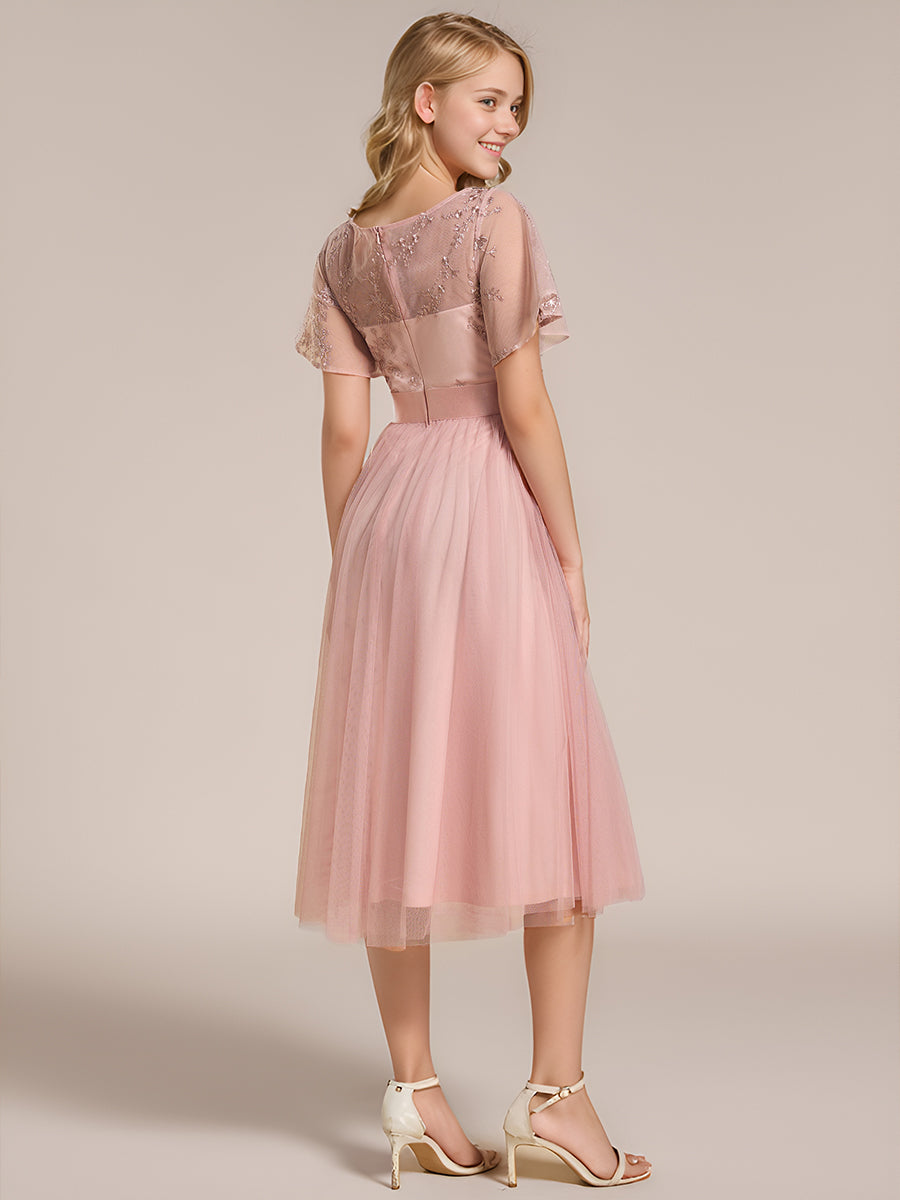 Junior Round Neck Embellished Midi Tulle Bridesmaid Dress #color_Pink