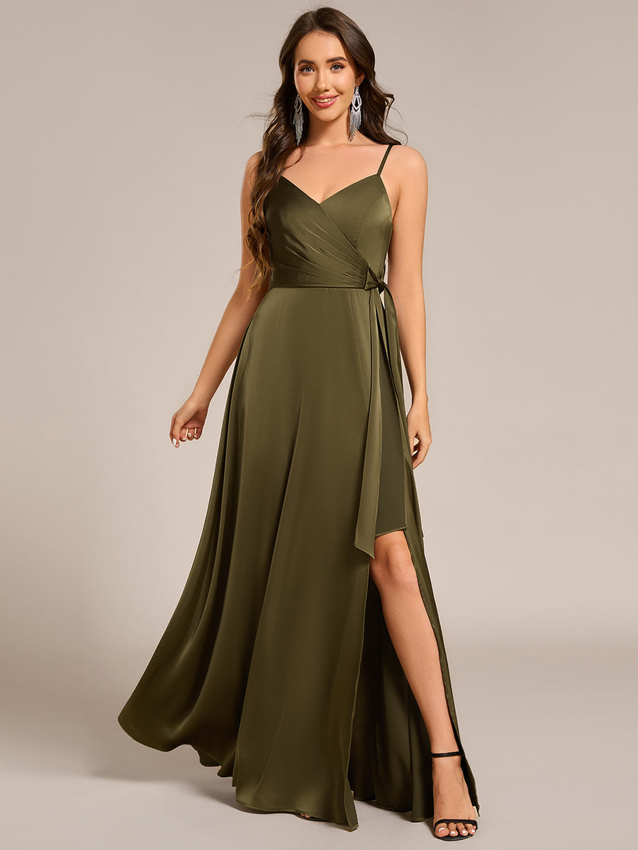 Wrap-Style Maxi Spaghetti Strap Satin Bridesmaid Dress #color_Olive Green