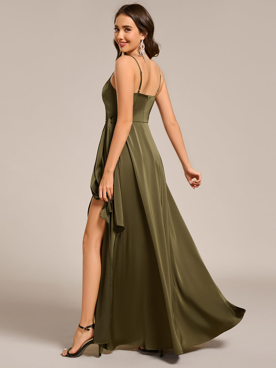 Wrap-Style Maxi Spaghetti Strap Satin Bridesmaid Dress #color_Olive Green