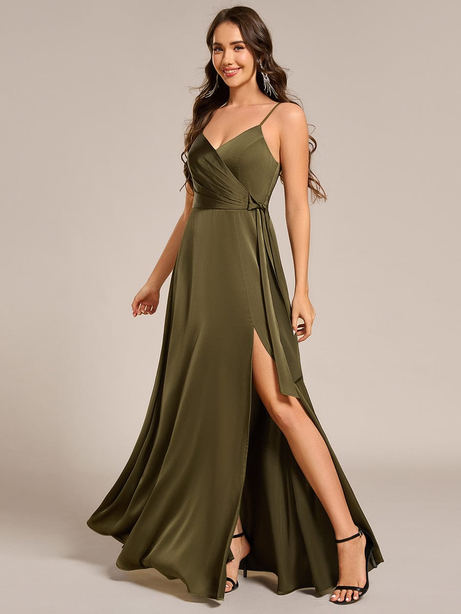 Wrap-Style Maxi Spaghetti Strap Satin Bridesmaid Dress #color_Olive Green