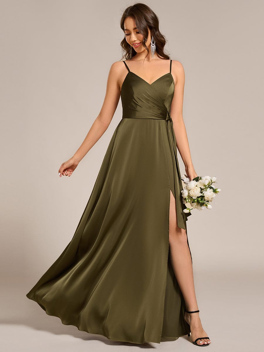 Wrap-Style Maxi Spaghetti Strap Satin Bridesmaid Dress #color_Olive Green