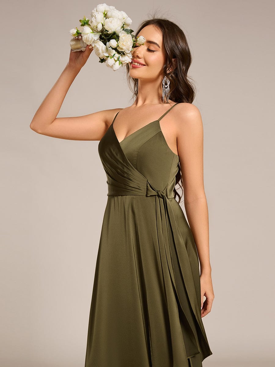 Wrap-Style Maxi Spaghetti Strap Satin Bridesmaid Dress #color_Olive Green