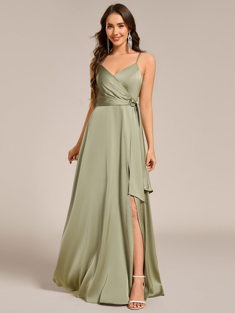 Wrap-Style Maxi Spaghetti Strap Satin Bridesmaid Dress #color_Sage Green