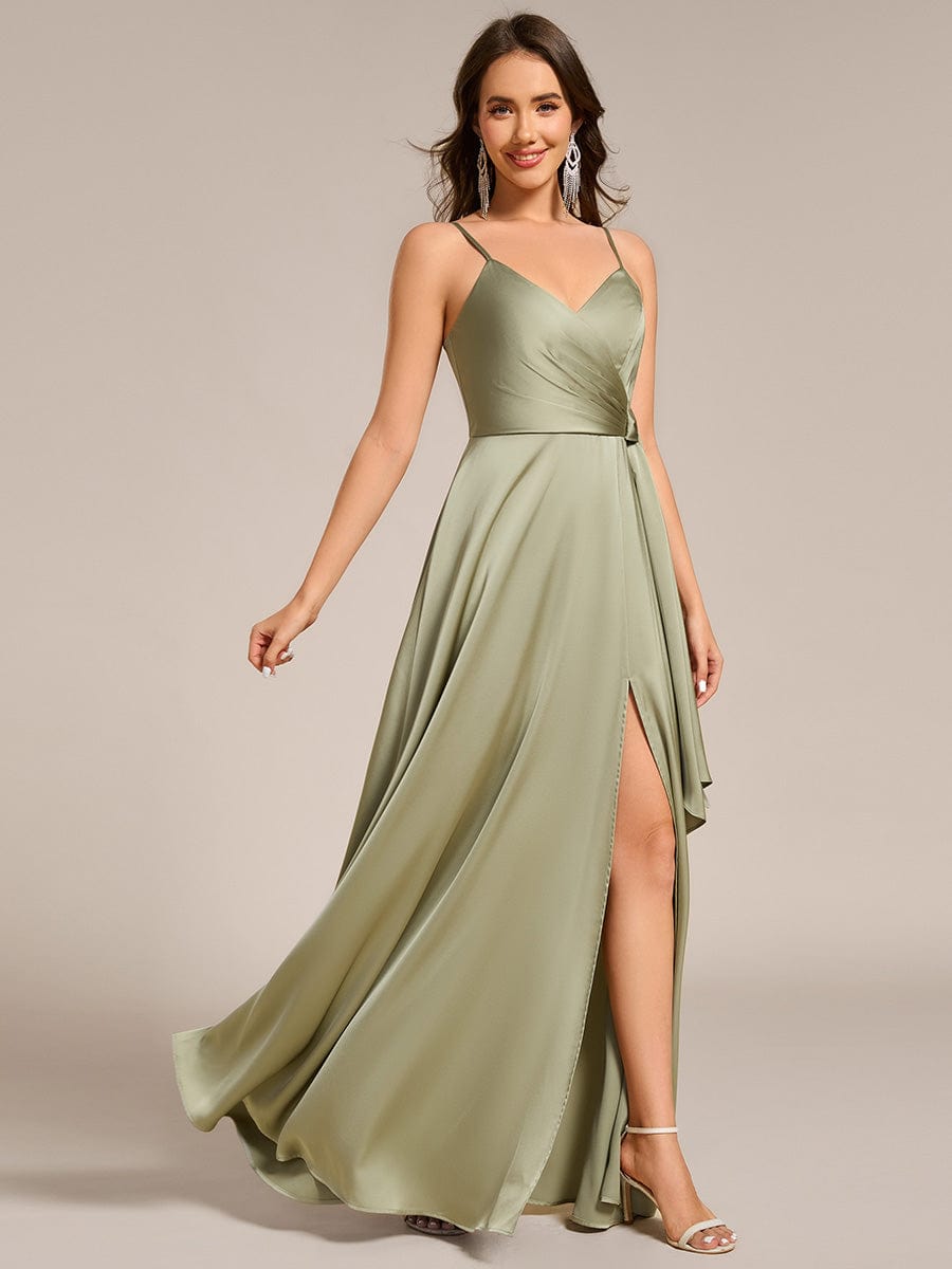 Wrap-Style Maxi Spaghetti Strap Satin Bridesmaid Dress #color_Sage Green