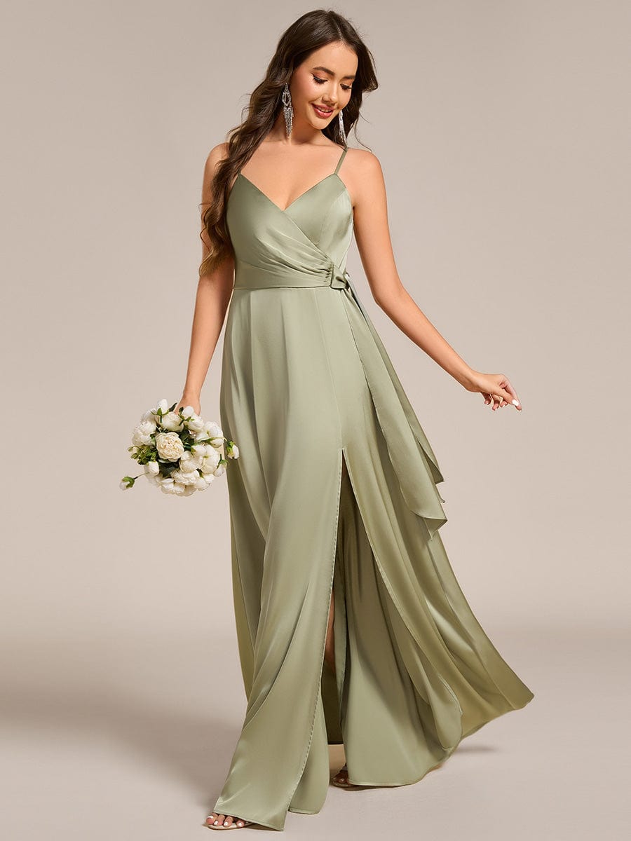 Wrap-Style Maxi Spaghetti Strap Satin Bridesmaid Dress #color_Sage Green