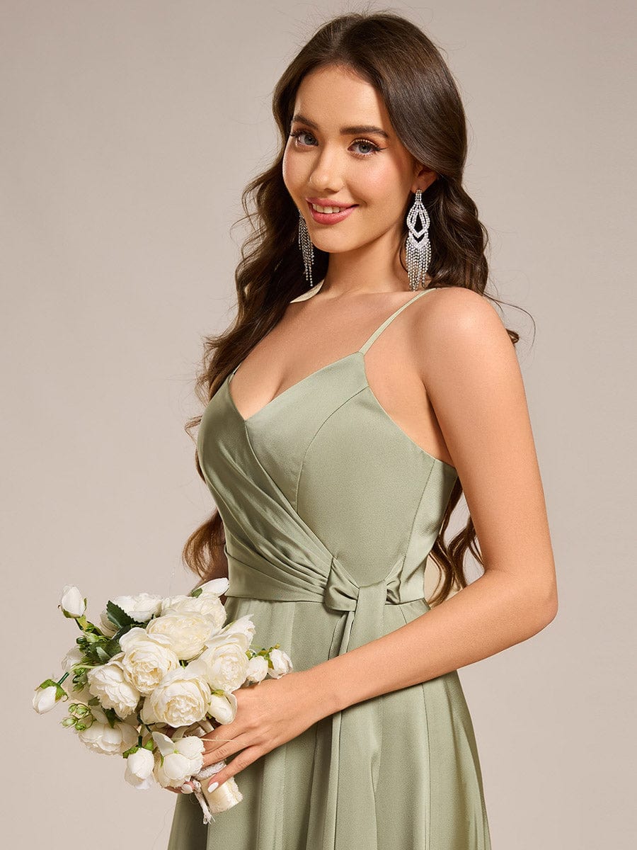 Wrap-Style Maxi Spaghetti Strap Satin Bridesmaid Dress #color_Sage Green