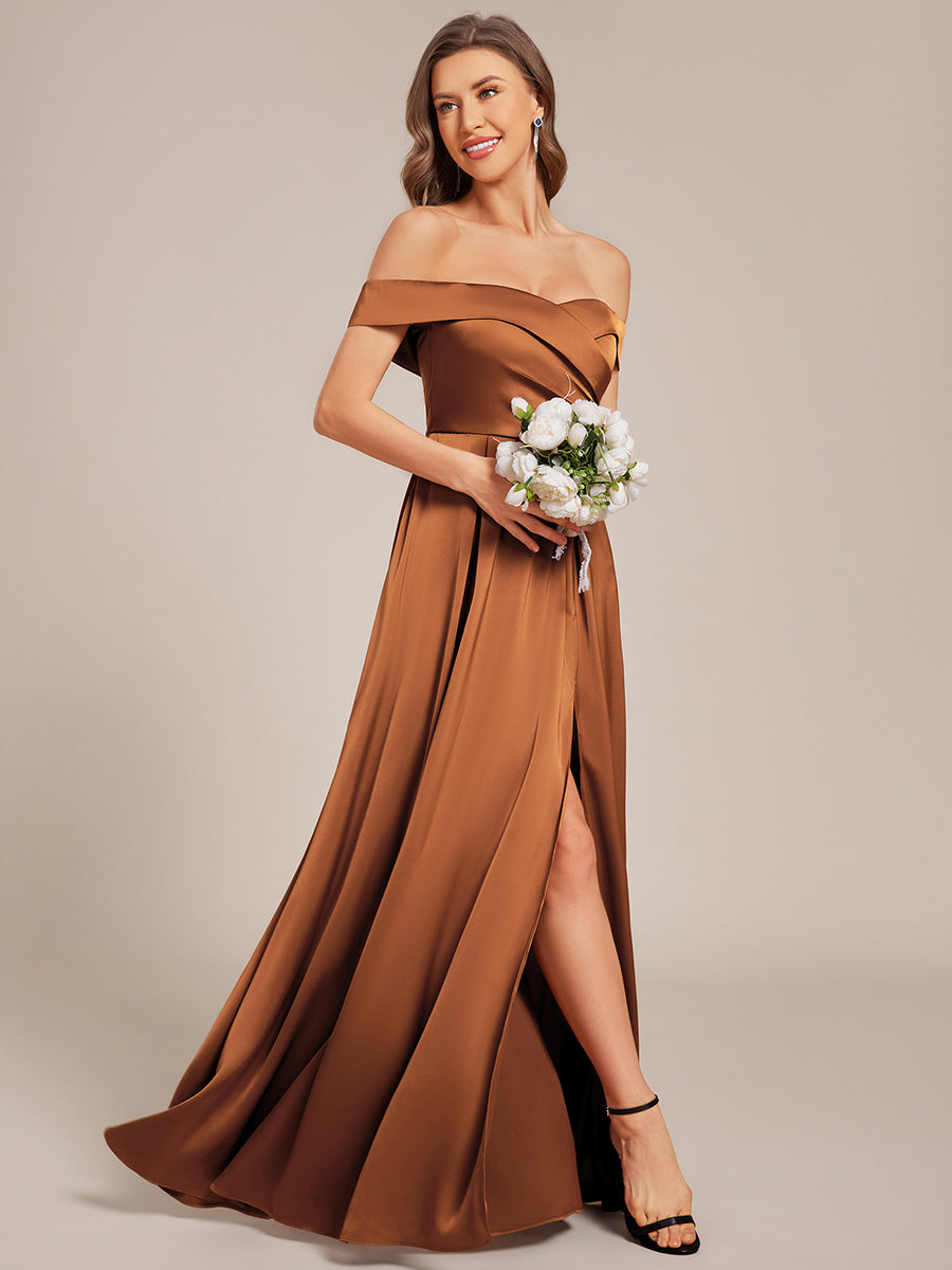 Off Shoulder Ruched Lace-up Back Satin Bridesmaid Dress #color_Brown