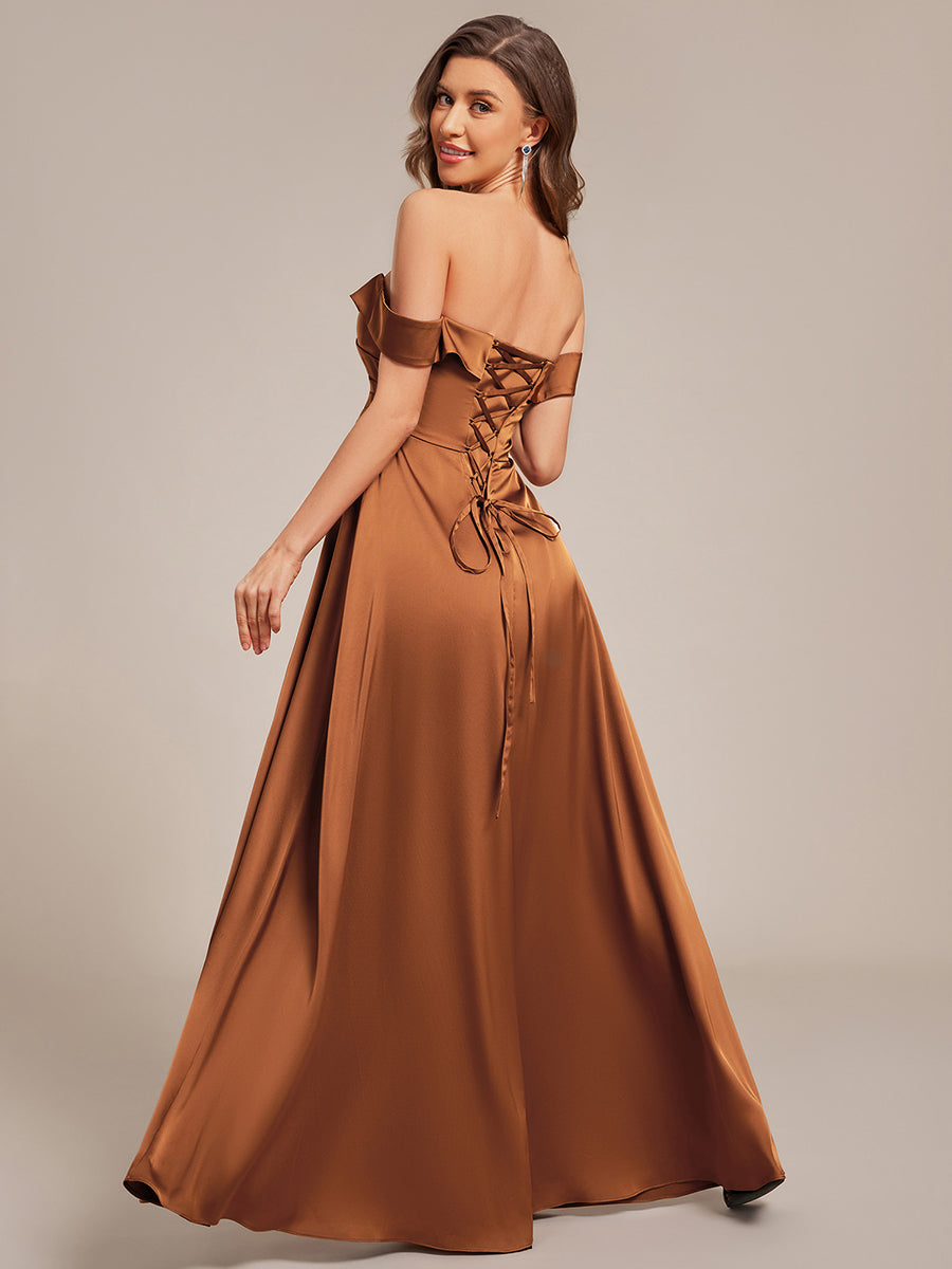 Off Shoulder Ruched Lace-up Back Satin Bridesmaid Dress #color_Brown