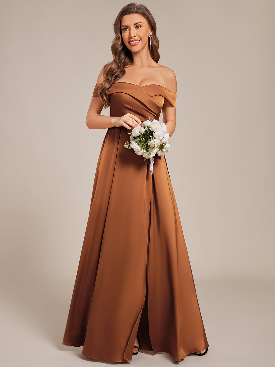 Off Shoulder Ruched Lace-up Back Satin Bridesmaid Dress #color_Brown