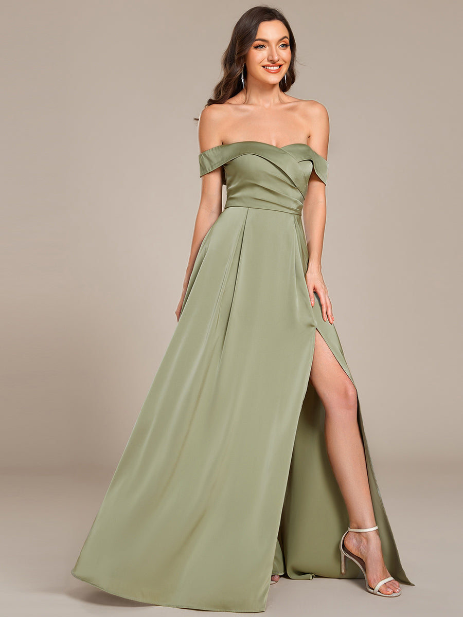 Off Shoulder Ruched Lace-up Back Satin Bridesmaid Dress #color_Sage Green