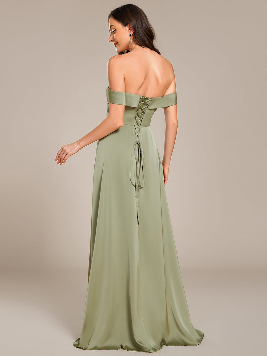 Off Shoulder Ruched Lace-up Back Satin Bridesmaid Dress #color_Sage Green