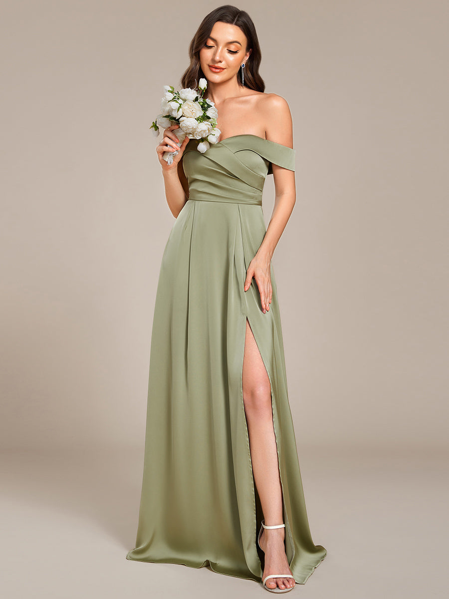 Off Shoulder Ruched Lace-up Back Satin Bridesmaid Dress #color_Sage Green