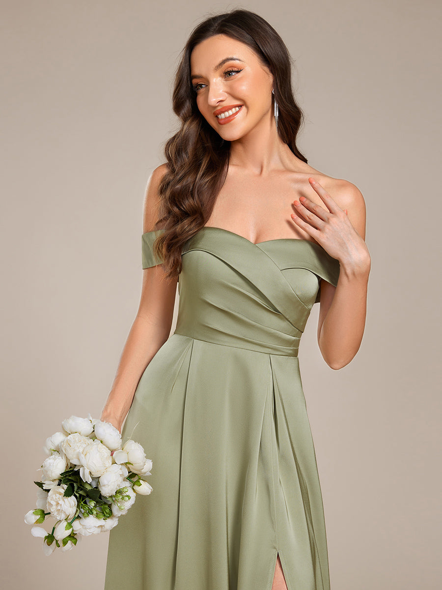 Off Shoulder Ruched Lace-up Back Satin Bridesmaid Dress #color_Sage Green